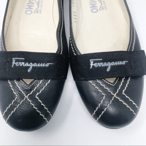 Ferragamo Black Ballet Flats Bow Stitching 6 B 6B - Picture 5 of 13